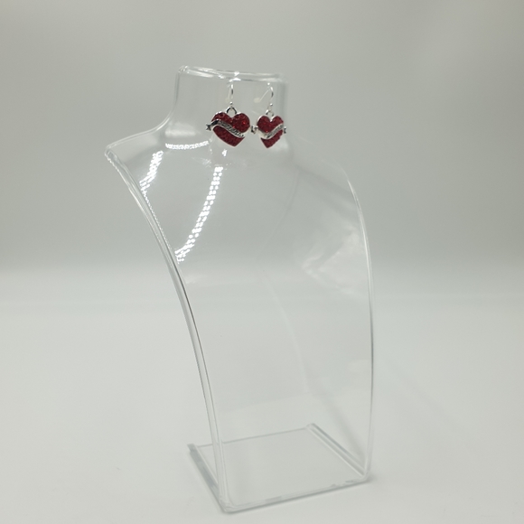 Guess Silver & Red Rhinestone Heart Pendant Hook Earrings - Picture 7 of 7